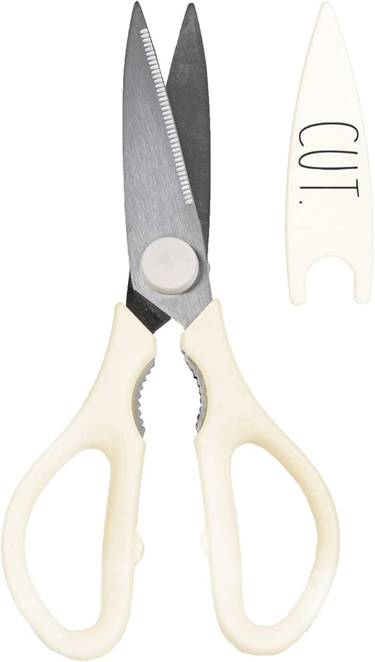 Rae Dunn Kitchen Scissors- Stainless Steel Kitchen Shears, Cooking Scissors for Cutting Meat, Chicken, Herbs and Produce with Blade Cover and Soft Grip Handles(White)