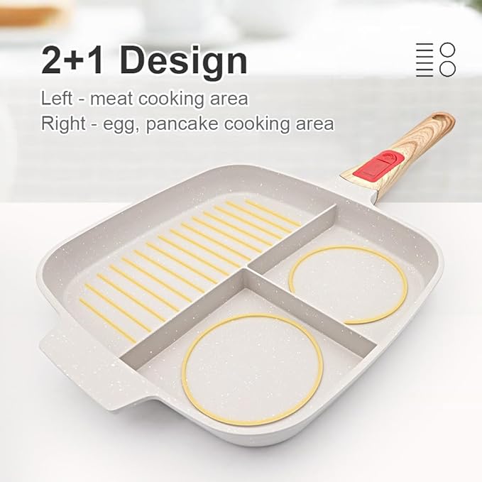 3 Section Grill Pan for Stove Tops with Detachable Handle, Nonstick Versatile Griddle Pan with Lid, Square Skillet PFOA Free, White