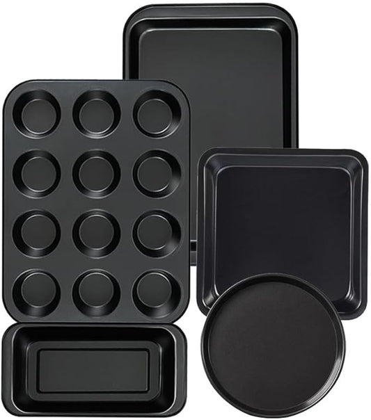 Nonstick Baking Pans Set for Oven, 5-Piece Bakeware Kit with Round & Square Cake Pan, Muffin Pan, Loaf Pan, Baking Sheets by QUDUME Kitchen Cookware Baking Supplies