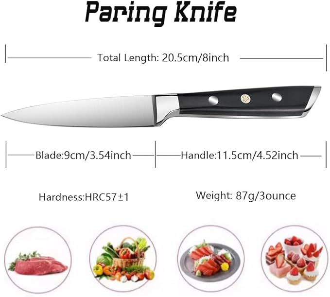 Paring Knife 3.5 inch Small Kitchen Knife Manual Sharpened 5Cr15Mov Stainless Steel Fruit Knife Full Tang with 3 Rivets in Ergonomic Pakkawood Handle