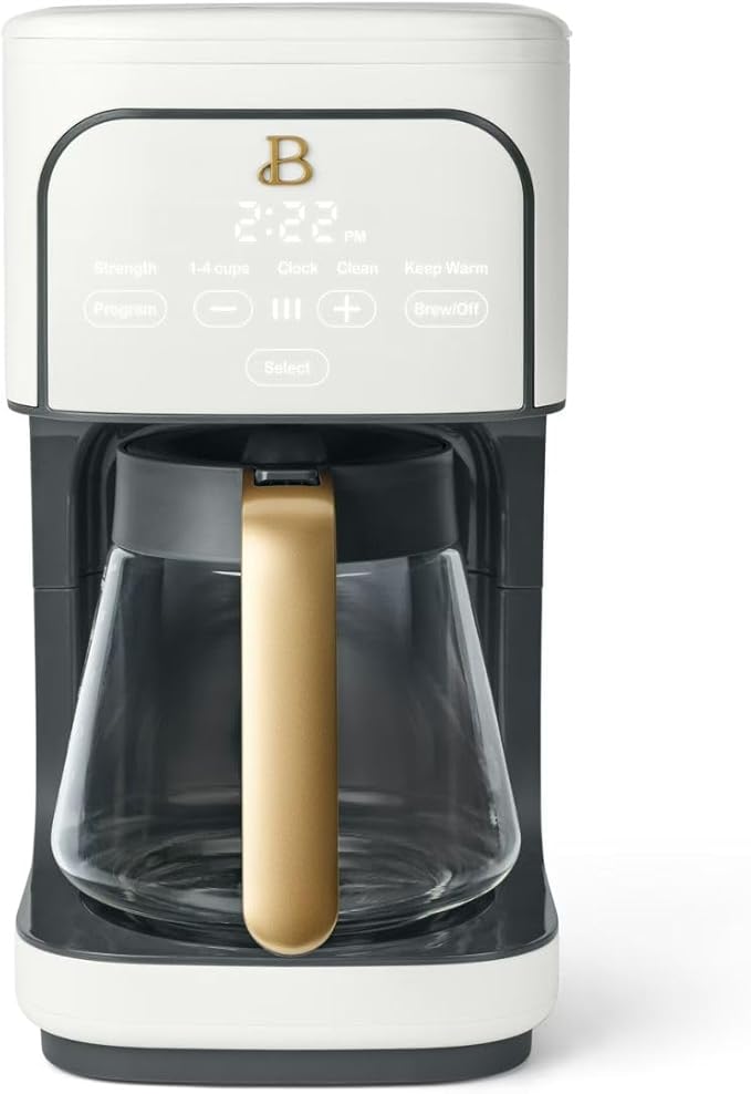 Beautiful 12-Cup Programmable Coffee Maker by Drew Barrymore, Touch-Activated Display, Auto Brew 24hr Timer, Regular/Gourmet/Bold Strength Options, Keep Warm & Auto Clean – Matte Finish (White Icing)