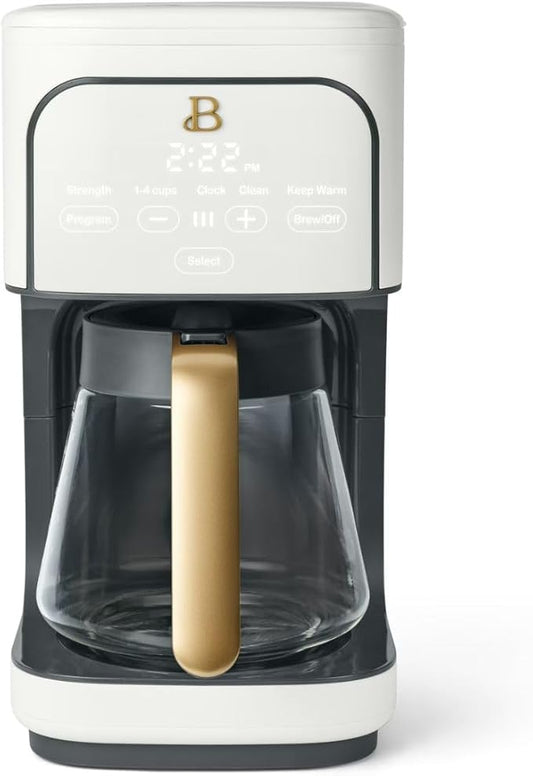 Beautiful 12-Cup Programmable Coffee Maker by Drew Barrymore, Touch-Activated Display, Auto Brew 24hr Timer, Regular/Gourmet/Bold Strength Options, Keep Warm & Auto Clean – Matte Finish (White Icing)