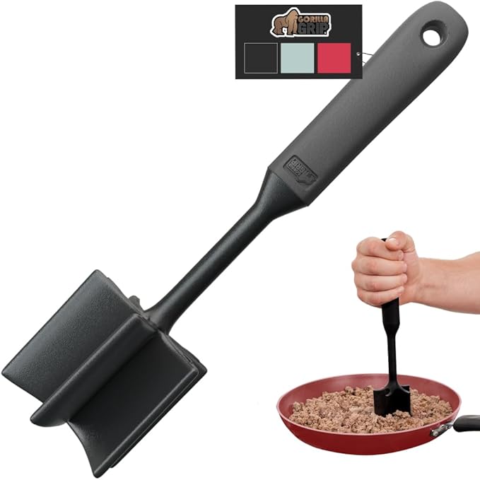 GORILLA GRIP Patented Heat Resistant Meat Chopper, Soft Handle, Nonstick Hamburger Smasher, Break Apart Food, Safe on All Cookware Ground Beef Grinder, Non Scratch Potato Masher Kitchen Tool, Black
