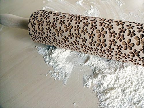 Rolling pin FLOWERS. Wooden embossing rolling pin with Oriental flowers. Embossed cookies. Pottery. Birthday gift. Gift for mother