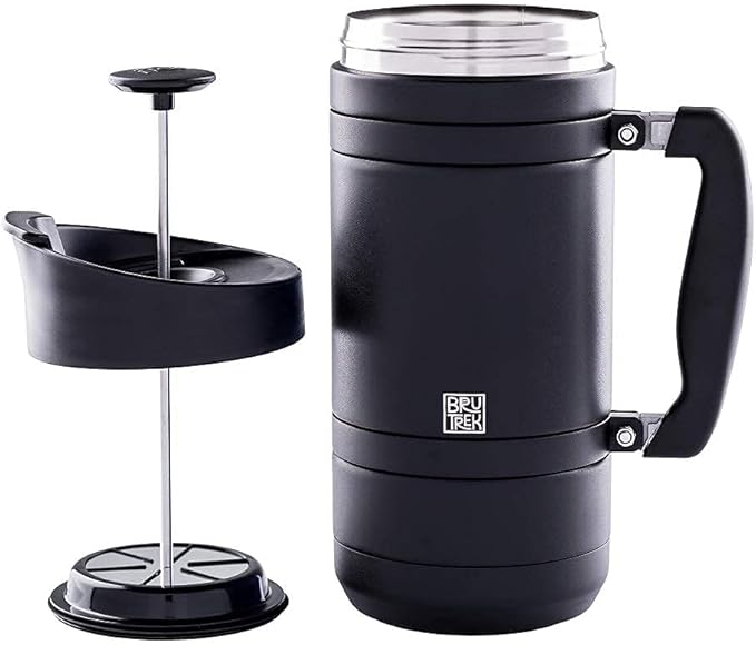BruTrek BaseCamp Coffee Press - Double Wall Insulated Stainless Steel - Bru-Stop Technology, No Grounds in Coffee, No Spill Lid (Obsidian, 48 fl.oz)