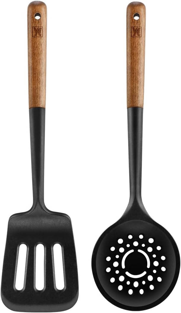 Set of 2pc Silicone Cooking Utensils: Wooden Handle Slotted Spatula + Cooking Skimmer, Heat Resistant Cooking Utensil, BPA Free, Safe Material for All Cooking Surfaces, Non-Slip Grip