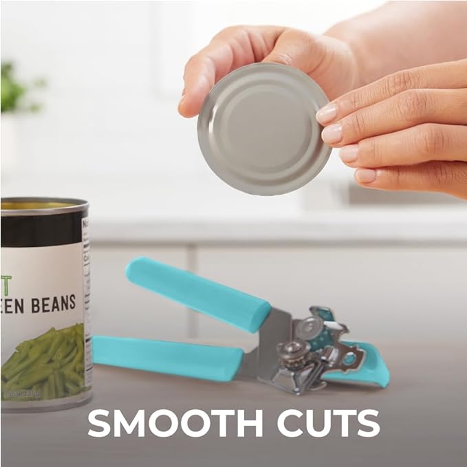 Kitchen Genie Heavy Duty Stainless Steel Manual Can Opener, Strong Blade for Smooth Edge Cuts, Open Cans Easily, Slip-Resistant Ergonomic Handle, Easy Turn Knob, Bottle Openers Included, Teal