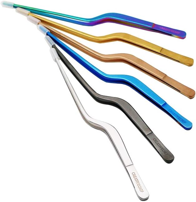 CREATIVECHEF 8 Inch Curved Stainless Steel Precision Kitchen Cooking Multi-function Tweezers Culinary Offset Tweezer Tongs (Curved, Blue)