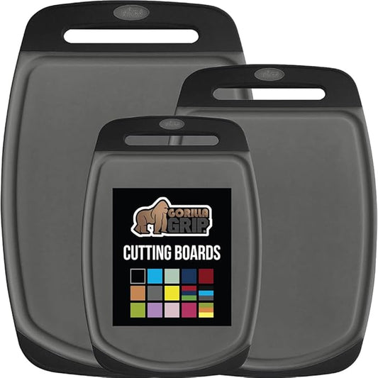 GORILLA GRIP BPA-Free Reversible Kitchen Cutting Board Set of 3, US Designed, Nonporous, Juice Grooves Catch Liquid, Slip Resistant Border, Dishwasher Safe, Durable Food Chopping Boards, Black Gray