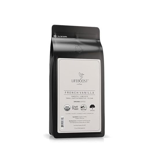 Lifeboost French Vanilla Ground Coffee - Non-GMO Low Acid Single Origin USDA Organic Coffee - Third Party Tested For Mycotoxins & Pesticides - 12 Ounces