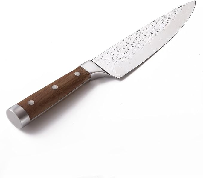 BGT Japanese 67 Layer High Grade VG-10 Super Damascus Steel Knives, Sharp, Teak Handle Professional Hammered Kitchen Knife Set with Knife Roll Bag 6Pcs Set (Silver Blade)