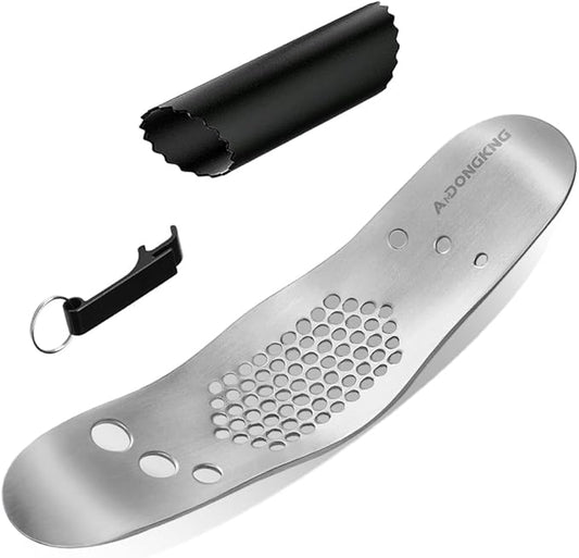 Garlic Press Rocker & Leaf Herb Stripper, Silicone Roller Peeler, Bottle Opener, Stainless Steel Garlic Crusher Chopper Squeezer Slicer Mincer