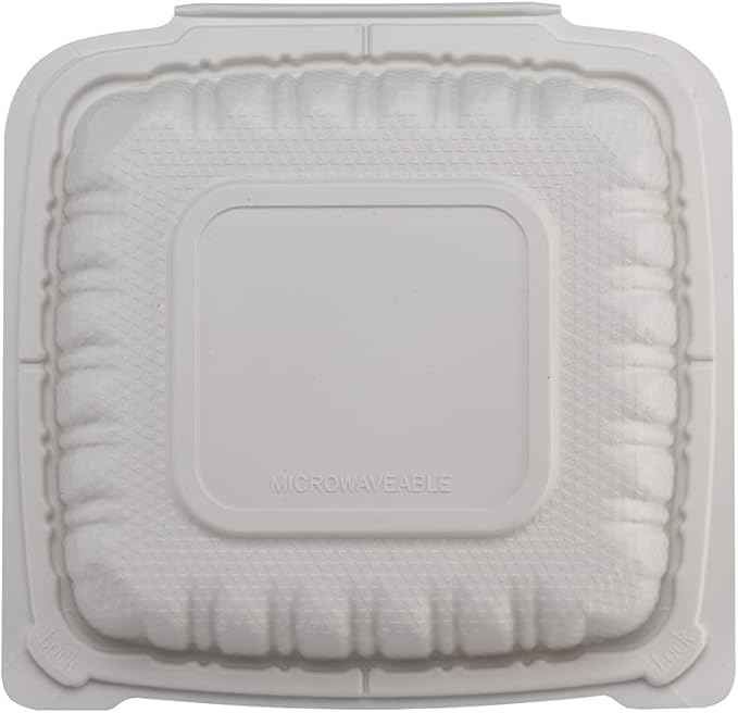 TIYA Clamshell Food Containers - White Bulk 150 Pack, 8x8 in - 3-Compartment To-Go Containers - Microwavable Plastic with Hinged Lid - Great for Meal Prep - BPA-Free