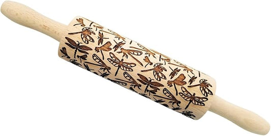 DRAGONFLY EMBOSSING ROLLING PIN WOODEN EMBOSSING ROLLING PIN with DRAGONFLY for EMBOSSED COOKIES GIFT for MOTHER FRIEND
