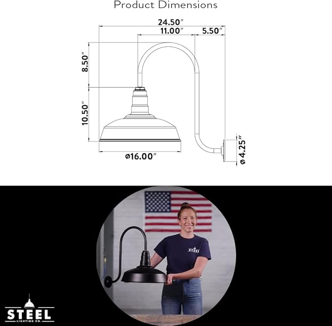 Steel Lighting Co. Gardena Barn Light | Outdoor Wall Mounted | 16" Dome | 11" Straight Arm | Farmhouse Light Made in America | Navy Blue Exterior/Brass Interior