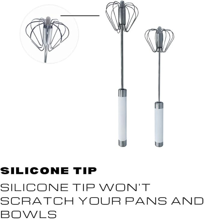 Stainless Steel Push Whisk - Easy to Use Manual Hand Mixer & Plunger Whisk - Make Froth, Foam & Whipped Cream - Semi Auto Egg Beater Plastic Tip Won’t Scratch Pans (2 Pack 10in & 12in) STEEL