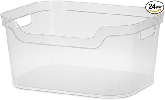 Sterilite 7 x 11 x 14.25 Inch Polished Open Scoop Front Storage Bin with Comfortable Carry Through Handles for Household Organization, Clear (24 Pack)