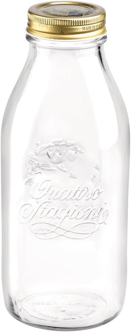 Bormioli Rocco Quattro Stagioni 33.75 Oz. Glass Milk Bottle with Lid, Air-Tight, Glass Jug Mason Jar, Dishwasher Safe, Made in Italy