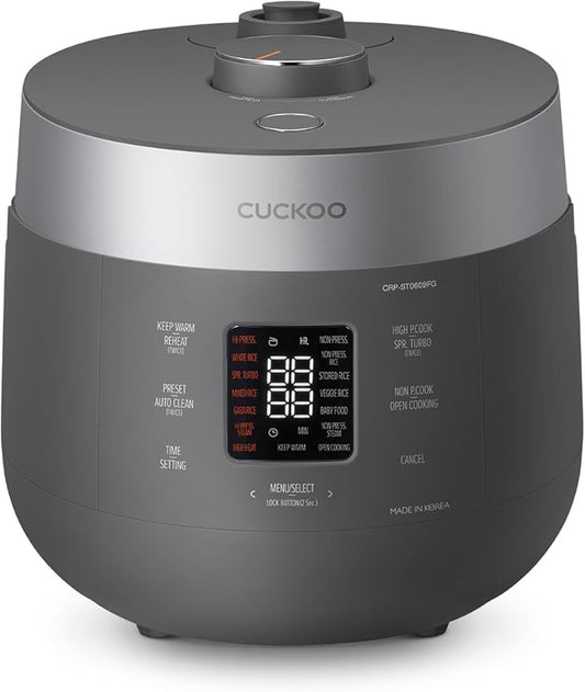 CUCKOO Twin Pressure Rice Cooker 6-Cup Uncooked / 12-Cup Cooked with Nonstick Inner Pot, Versatile Rice Maker & Warmer with 16 Menu Options, Open Cooking Mode, Voice Guide, Gray (CRP-ST0609FG)