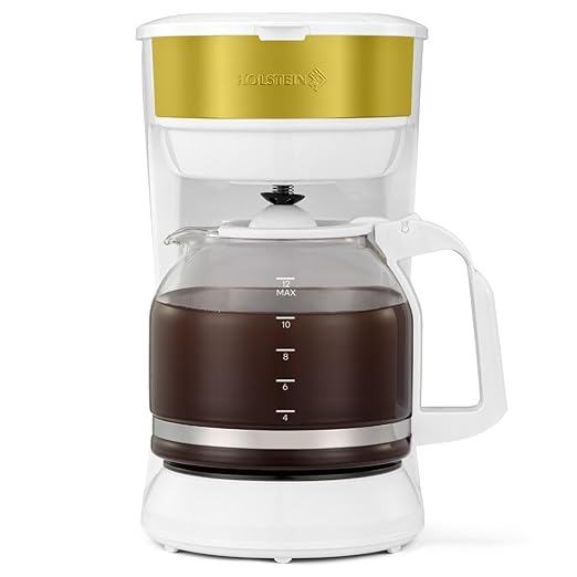 Holstein Housewares 12-Cup Coffee Maker, 61oz Drip Coffee Machine with Glass Carafe, Auto Pause & Serve, Compact Design – Ideal for Home, Office & Travel Coffee Brewing, White and Gold