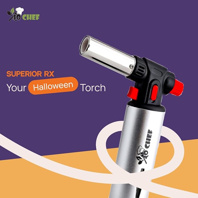 Jo Chef Kitchen Torch with Butane Included – Refillable Lighter with Safety Lock & Adjustable Flame, Blow Culinary Torch for Cooking, BBQ, Creme Brulee, DIY and Soldering - 5 Cans (3.38oz) Included