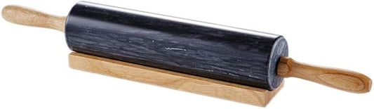 JEmarble Rolling Pin-Wooden Handles(Black)(Premium Quality) Polished Surface 18-inch(10"Barrel) Genuine Stone Non-stick Save Effort Easy to Clean