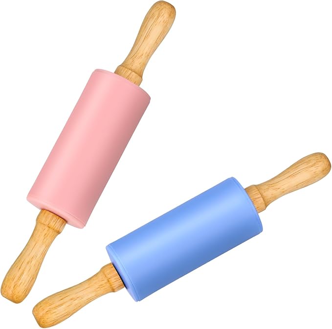 Mini Silicone Rolling Pin for Kids, Non-stick Surface Wood Handle, 9 Inch 2 Pack