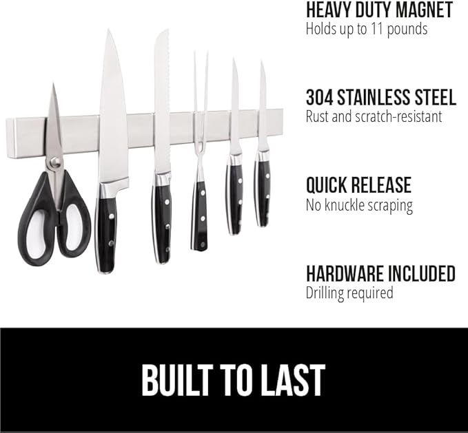 GORILLA GRIP Stainless Steel Magnetic Knife Holder for Wall, 18 Inch, Multi-Purpose Magnet Bar for Knives, Tools, Art Supplies, Heavy Duty Strip Holds Up to 6 lbs, Kitchen Organizer, Drilling Required