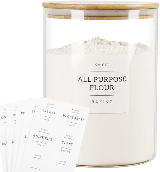 Large Glass Storage Jars With Airtight Bamboo Lid - 100 Fl Oz Thicken Kitchen Glass Food Storage Canister With 42 Pantry Labels - Big Clear Flour And Sugar Containers Farmhouse