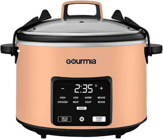 Gourmiia 4.5 Qt Programmable Slow Cooker with 5 Presets, Slow Cook, Digital Timer, Keep Warm Function, Nonstick Interior, Dishwasher Safe (Peach)