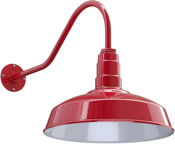 Steel Lighting Co. Gardena Barn Light | Outdoor Wall Mounted | 16" Dome | 23" Gooseneck | Farmhouse Light Made in America | Red Exterior/White Interior