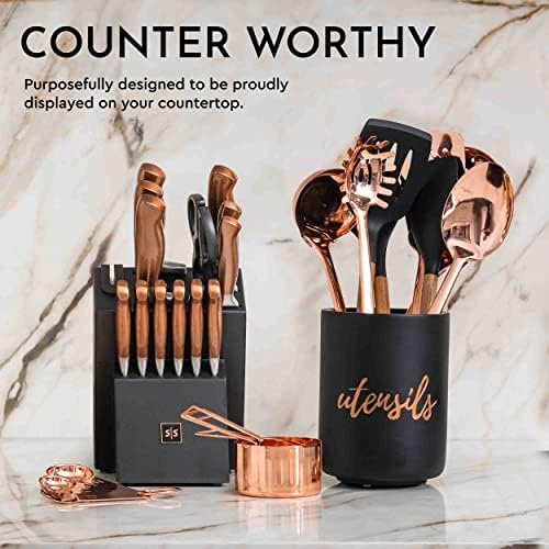 Styled Settings 14-Piece Knife Set with Block & Built-In Sharpener – Ultra-Sharp Full Tang Kitchen Knives – Premium Cooking & Prep Essentials, Copper Handle, Silver Blade & Black Block