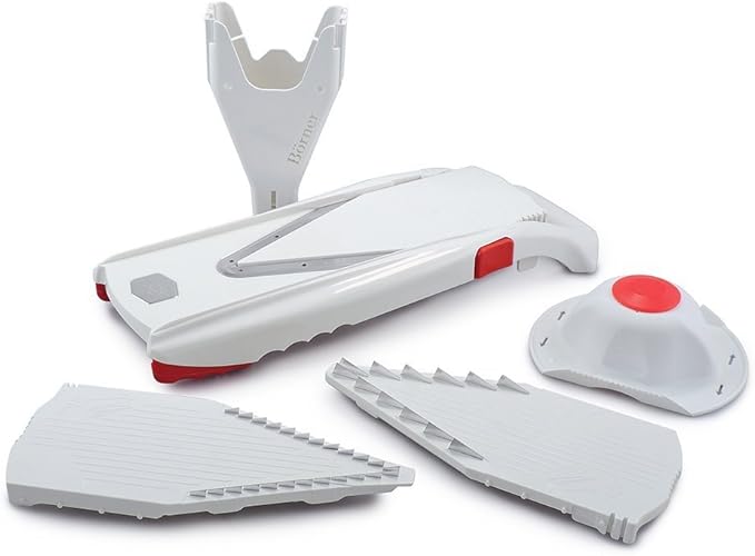 Swissmar Börner VPower V-Slicer Mandoline – Professional Kitchen Tool with Adjustable Thickness – Precision Food Slicer for Vegetables, Julienne, Shredding – Includes Safety Holder & Inserts - White