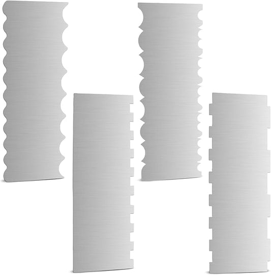 4 Pieces Stainless Steel Cake Scraper 10 Inch and Sided Patterned Edge Stripe Edge Smoother Scraper Cake Decorating Comb Cake Pastry Cutter for Mousse Butter Cream Cake Decoration