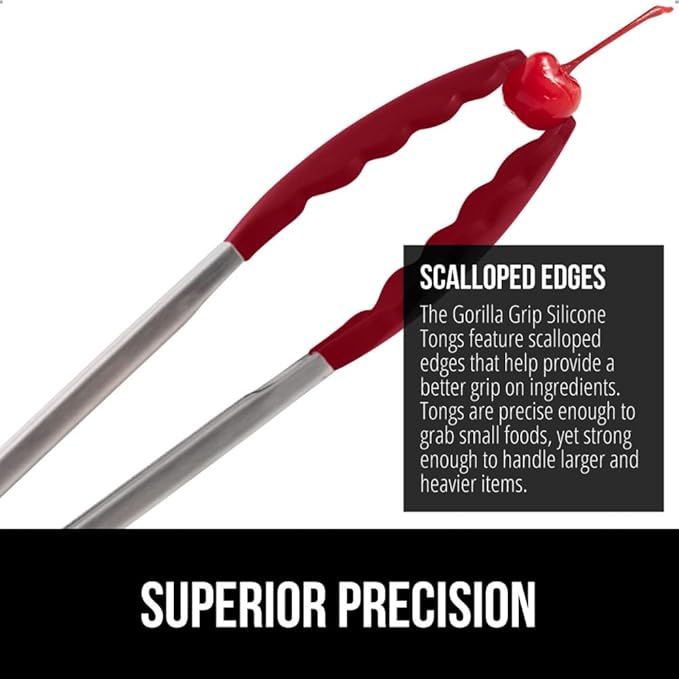 GORILLA GRIP Stainless Steel Heat Resistant Kitchen Tongs for Cooking, Set of 2 BBQ Tong, Non Scratch Silicone Tip for Pans, Strong Grip, Grab Food, Toss Salad, Air Fryer, Pull Lock, 7 + 9 Inch, Red