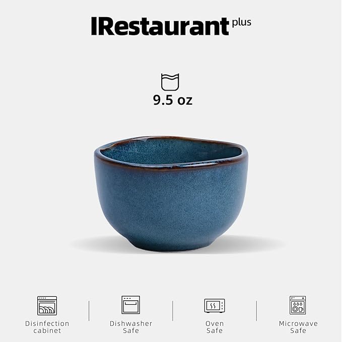 Organic Shape Restaurant Bouillon Cup 9oz, Commerical Grade Catering Stoneware Dip Bowls in Ir-regular Organic Shape, Chip & Scratch Resistant, Glossy Reactive Glaze Blue, Case of 24