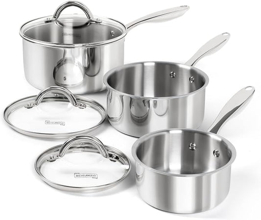 MICHELANGELO Saucepan Set 6pc, Triply Stainless Steel Sauce Pan with Lids 1QT & 2QT &3QT, Kitchen Cooking Pot for Home Use, Dishwasher Safe & Induction Compatible