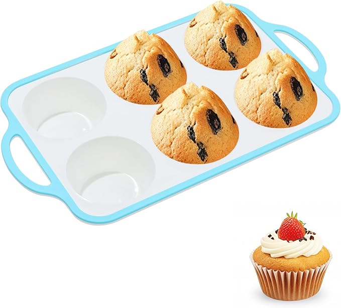 Silicone Jumbo Muffin Pan with Metal Frame, Non Stick Food Grade Silicone Large Muffin Pan, with Handles 6 Cup,BPA-Free and Dishwasher Safe, Jumbo Cupcake Pans - 1 Piece Blue