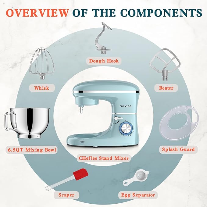CHeflee Stand Mixer,660W 6+P With 6.5QT Stainless Steel Bowl,Dough Hook, Wire Whip & Beater,for Most Home Cooks,Blue