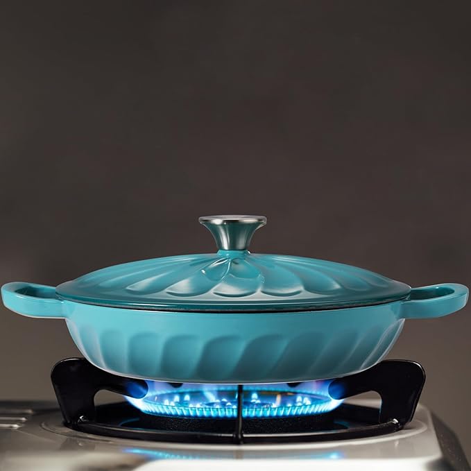 Enameled Cast Iron Braiser, 3.8 Quart Enamel Dutch Oven with Handles, Cast Iron Braiser Pan with Lid,Enameled Cookware (BlueGreen)
