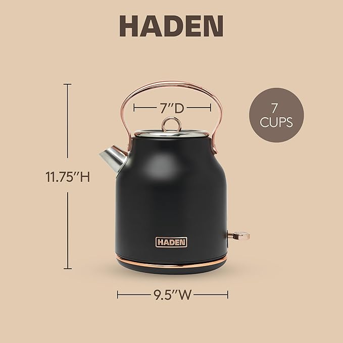 Haden Heritage 1.7 Liter Stainless Steel Electric Kettle, Hot Water Tea Kettle with 360-Degree Base and Auto Shutoff, Black & Copper