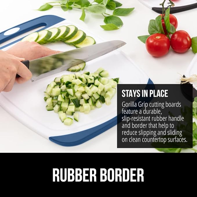 GORILLA GRIP BPA-Free Reversible Kitchen Cutting Board Set of 3, US Designed, Nonporous, Juice Grooves Catch Liquid, Slip Resistant Border, Dishwasher Safe, Durable Large Food Chopping Boards, Blue