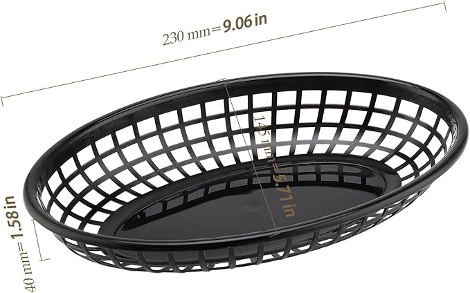 60 Pack 9x5.7x1.6 Inch Black Plastic Fast Food Baskets, Restaurant Serving Basket, Oval Fast Food Serving Baskets for Picnic, Chicken, Burgers and Fries