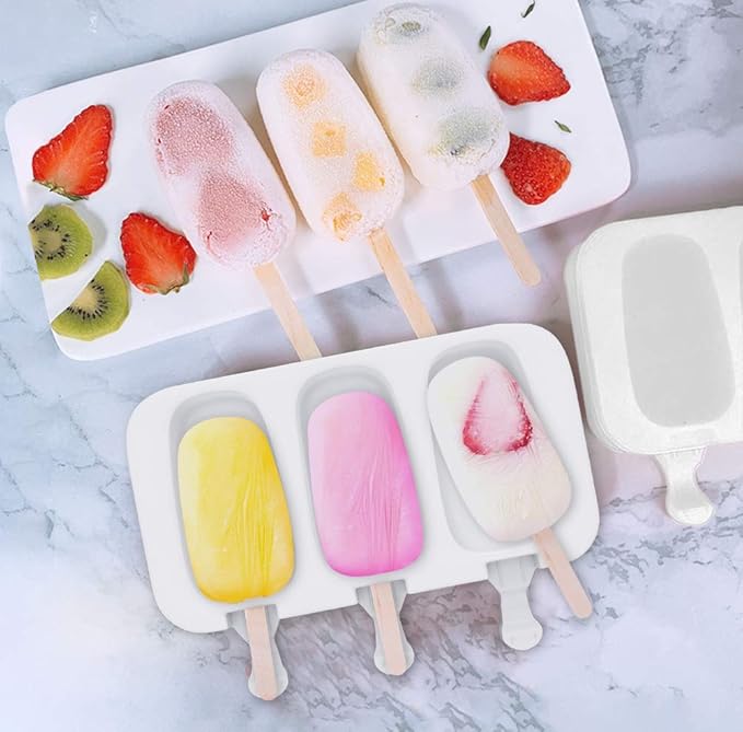 Ouddy Life Popsicle Molds Set of 2, Ice Pop Molds Silicone 4 Cavities Ice Cream Mold Oval Cake Pop Mold with 50 Wooden Sticks for DIY Popsicle, White