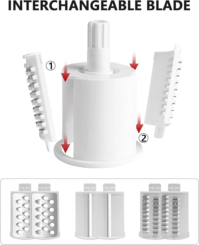 3-in-1 Rotary Cheese Grater Handheld, Lightweight Body with 3 Stainless Steel Blades & Non-Slip Suction Base, for Shredding Parmesan, Slicing Vegetables, Grating Chocolate（White）