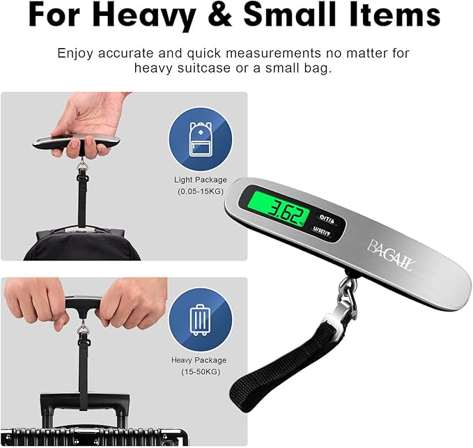 BAGAIL Digital Luggage Scale, 110lbs Hanging Baggage Scale with Backlit LCD Display, Portable Suitcase Weighing Scale, Travel Luggage Weight Scale with Hook, Strong Straps for Travelers