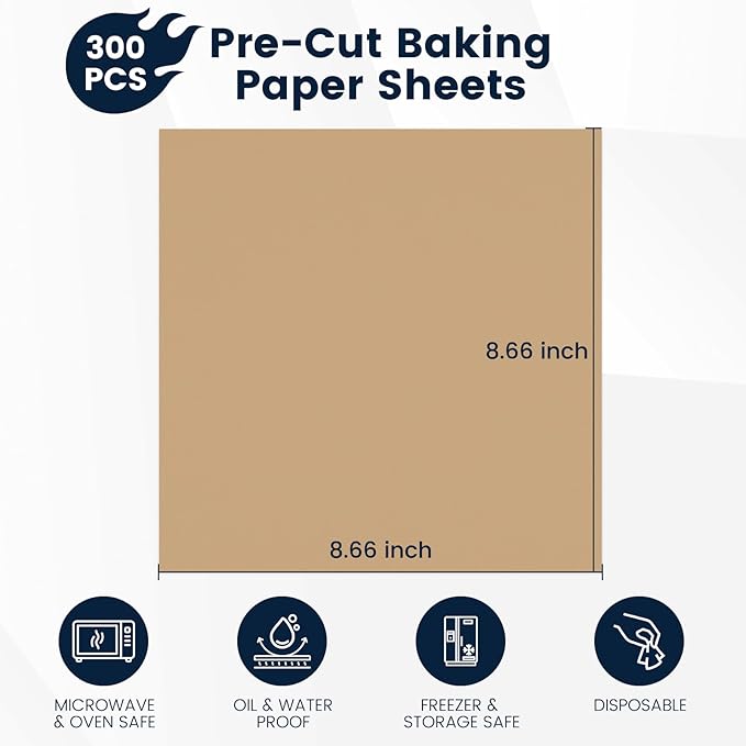 300 PCS Parchment Paper Sheets 8.66x8.66 Inch, Unbleached Parchment Paper for Baking, Non-Stick Precut Parchment Sheets for Baking Grilling Frying Steaming