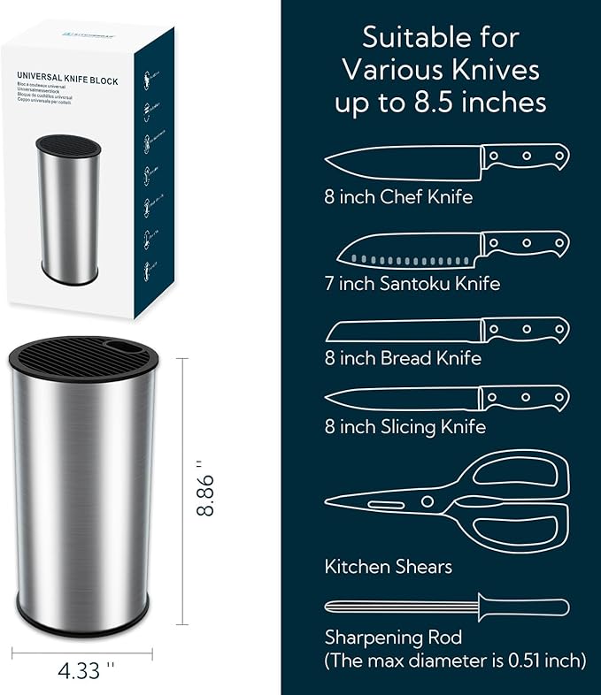 KITCHENDAO Universal Stainless Steel Knife Block,Round Kitchen Knife Holder without Knives, Modern Countertop Space Saver Knife Storage Stand with Slots for Scissors,Detachable for Easy Cleaning