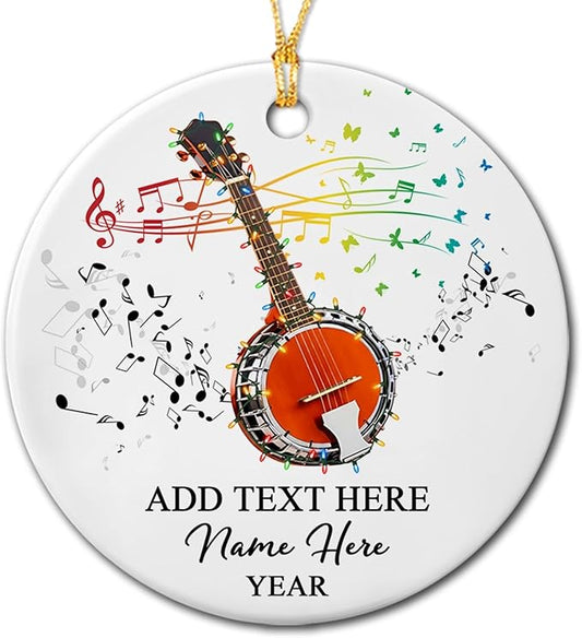 Personalized Banjo Musical Ceramic Ornament Gift for Banjo Player Daughter Son Dad Mom Friends, Customized Text Year Name Banjoist Christmas Ornament 2025, Unique Banjos Instrument Ceramic Ornaments