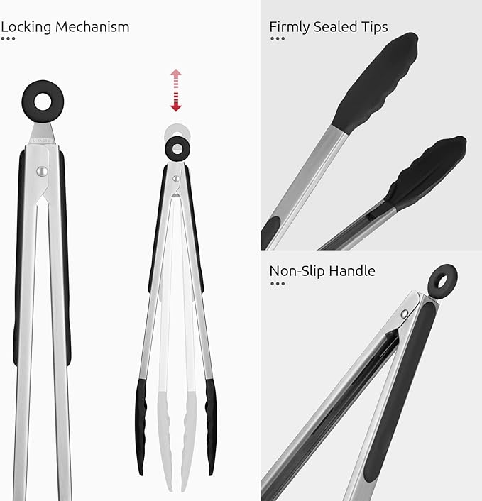 Heat Resistant Silicone Kitchen Tong: U-Taste 12 inch Large 480ºF Hot Proof Cooking Tong with Sturdy Non Stick Rubber Tips & Silicon Coated Steel Handle & Smooth Locking for Serving Grill Salad(Black)